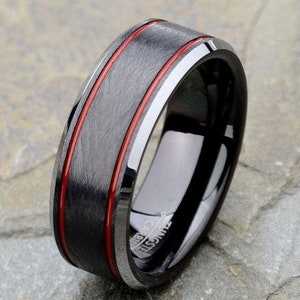 Red Tungsten Ring: Black Brushed Two Tone Mens Wedding Band, 8mm, Custom Engraving