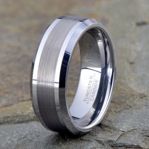 Brushed Tungsten Wedding Band: Beveled Edge Ring, His & Hers, 6mm/8mm