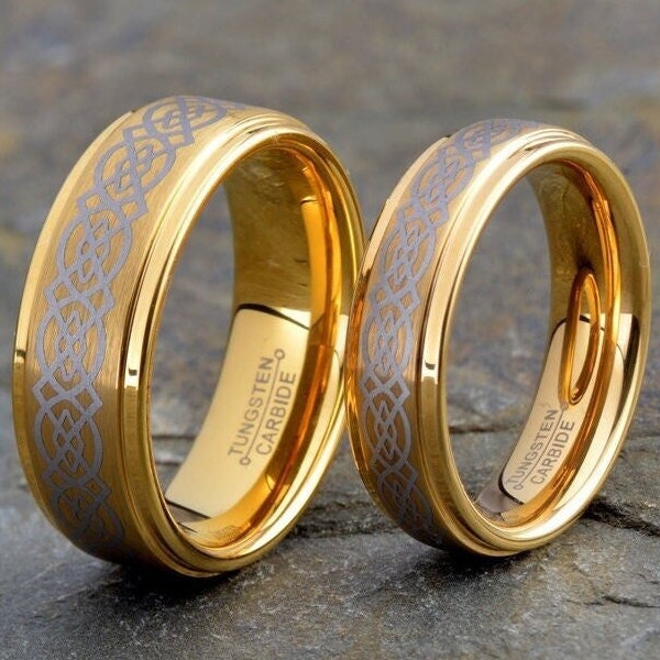 His and Hers Tungsten Gold Wedding Bands, Celtic Matching Rings, Men's 8mm, Women's 6mm
