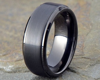 Black Tungsten Ring: Brushed Finish, Stepped Edge, Mens Wedding Band