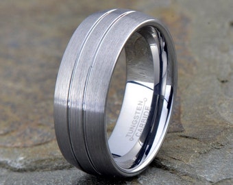 Tungsten Ring | Men's Wedding Band | Brushed Grooved Ring | 8mm Wedding Ring | Simple Wedding Band | Personalized Ring