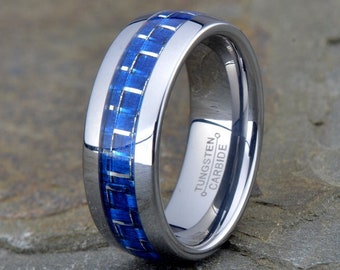 Blue Carbon Fiber Ring, Mens Tungsten Wedding Band, Tungsten Ring 8mm