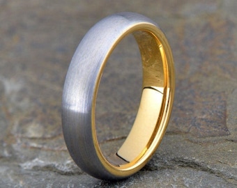 Gray Brushed Tungsten Ring: Domed Wedding Band with Yellow Gold Interior