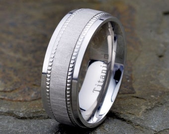 Titanium Mens Wedding Band: Brushed Ring, Laser Engraving