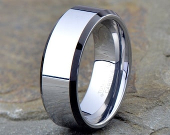 Tungsten Ring | Men's Wedding Band | Gray polished Finish Ring 8mm | Two Tone Ring | Classic Wedding Ring | Beveled Edge Ring
