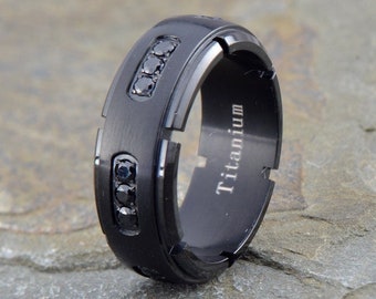 Black Titanium Ring, Mens Wedding Band, Pave 18 Cubic Zirconia Ring, Black Wedding Band, Mens Eternity Ring, Promise Ring