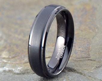 Black Tungsten Wedding Band: Brushed Polished Ring, 6mm