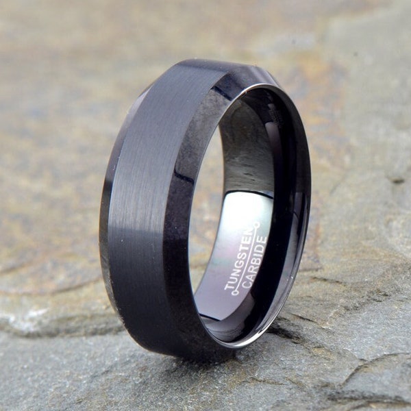 Black Brushed Tungsten Carbide Ring: 8mm Mens Wedding Band