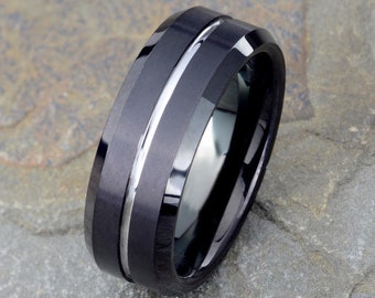 Black Tungsten Wedding Band, Mens Tungsten Ring, Brushed Grooved Wedding Ring 8mm