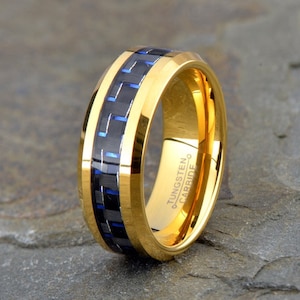 Blue Carbon Fiber Tungsten Ring: Yellow Gold Wedding Band (8mm)