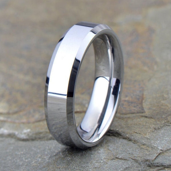 Elegant 6mm Gray Tungsten Ring | Men's Wedding Band | Polished Finish | Flat Style with Beveled Edges | Comfort Fit | Free Personalization