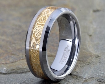 Yellow Gold Tungsten Dragon Ring - Celtic Mens Wedding Band