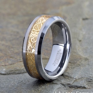 Tungsten Ring, Celtic Ring, Mens Wedding Band, Yellow Gold Tungsten Dragon Ring