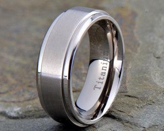 Mens Titanium Wedding Band, Brushed Polished stepped edge, His, Hers, Titanium Anniversary Rings, Bands, Custom Engraved Titanium Ring 8mm