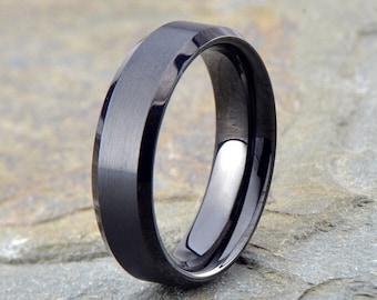 Black Brushed Tungsten Ring: Beveled Edge Mens Wedding Band, 6mm, Free Engraving