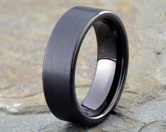 Men's Tungsten Wedding Band, Black Brushed Tungsten Ring 7mm