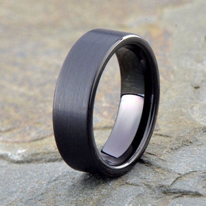 Men&#39;s Tungsten Wedding Band, Black Brushed Tungsten Ring 7mm