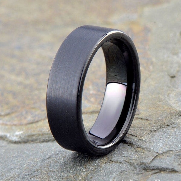 Men's Tungsten Wedding Band, Black Brushed Tungsten Ring 7mm