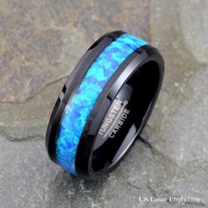 Black Tungsten Ring Blue Synthetic Opal Inlay Polished Beveled Edges 8mm Mens Tungsten Wedding Ring