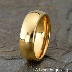 Yellow Gold Tungsten Mens Wedding Band: Engraved Ring, Comfort Fit