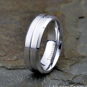 Titanium Wedding Band Brushed Grooved polished beveled edge Mens Titanium Ring Wedding Band Custom Laser Engraving Personalized Ring