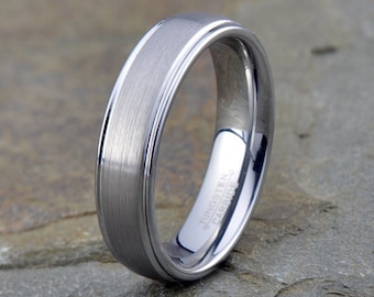 Brushed Gray Tungsten Ring: 6mm Stepped Edge Wedding Band, Personalized