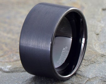 Black Tungsten Wedding Band,  Mens Tungsten Ring, Anniversary Brushed Ring, Free Laser Engraving, Mens Ring 12mm