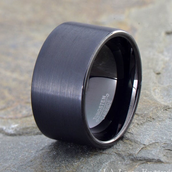 Black Tungsten Wedding Band,  Mens Tungsten Ring, Anniversary Brushed Ring, Free Laser Engraving, Mens Ring 12mm