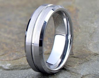 Mens Wedding Band, Tungsten Ring, Mens Ring Classic 7mm with Brushed Finish, Polished Beveled Edges Custom Engravable