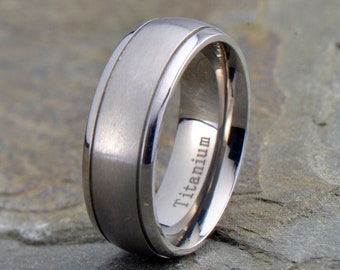 Mens Titanium Wedding Band, Brushed Domed Grooved Ring, His & Hers Titanium Anniversary Rings, Free Custom Laser Engraving