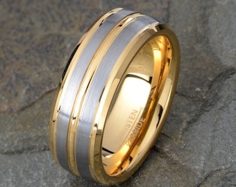 Yellow Gold Ring, Tungsten Wedding Band, Mens Tungsten Ring, Tungsten Ring, Yellow Gold Tungsten Ring