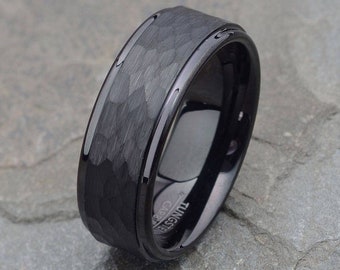 Mens Tungsten Ring, Black Tungsten Wedding Ring Band Brushed Hammered 8mm