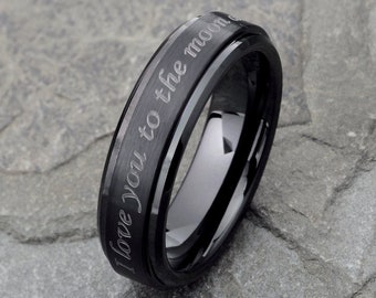 Tungsten Ring, Mens Tungsten Wedding Band, Black Brushed Custom Engraved Ring 6mm