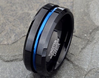Blue Tungsten Ring, Mens Wedding Band Black 8mm