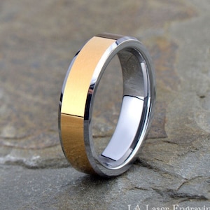 Mens Wedding Band, Tungsten Ring, Wedding Ring, Yellow Gold Ring, Two Tone Ring, Minimalist Style Engraved Ring, Promise Ring