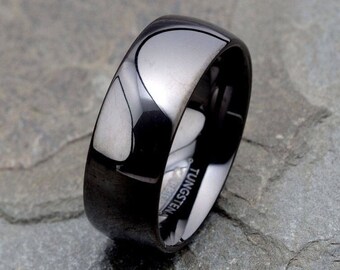 Black Tungsten Ring: Domed, Comfort Fit, Custom Engraved Wedding Band