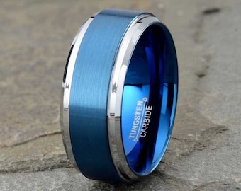 Blue Tungsten Ring Mens Wedding Band Brushed Finish Classic Style Personalized Ring 9mm