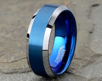Blue Tungsten Wedding Band, Two Tone Ring, Brushed finish with Beveled Edges
