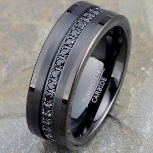Black Tungsten Wedding Band: Mens Eternity Ring with Black CZ, 8mm, Engraving