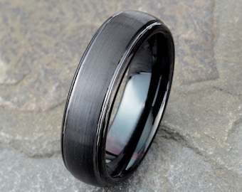 Tungsten Ring, Mens Wedding Band, Black Tungsten Ring, Wedding Ring, Custom Engraved Ring, Brushed Finish 6mm wide