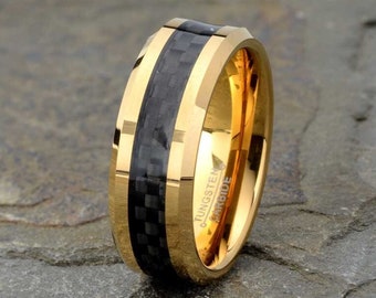 Carbon Fiber Wedding Band, Yellow Gold Tungsten Ring, Black Carbon Fiber Ring, Custom Engraved Wedding Ring, 8mm