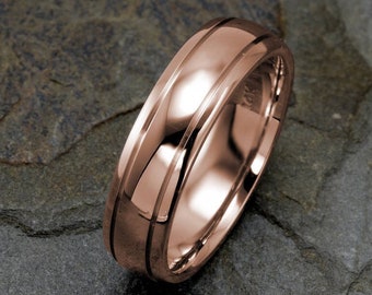 14k Solid Gold Ring, Mens Ring, Gold Wedding Ring, Polished Grooved Ring