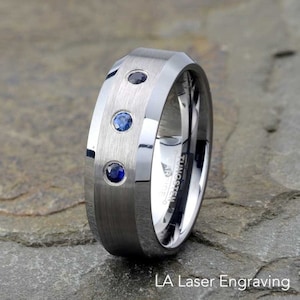 Brushed Tungsten Wedding Band: Blue Sapphire Three Stone Ring