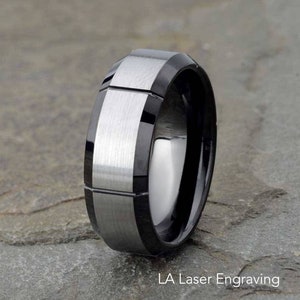 Black Tungsten Wedding Band: Brushed Grooved Ring, Free Engraving
