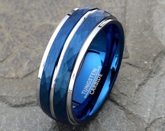 Blue Tungsten Ring, Hammered Mens Wedding Band