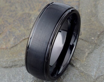 Mens Tungsten Wedding Band, Black Tungsten Ring, Brushed Polished 8mm