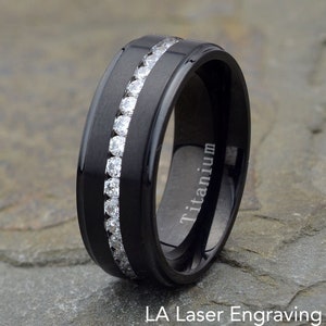 Black Titanium Eternity Ring with Pave White Cubic Zirconia | Unisex Wedding Band with Brushed Finish and Polished Stepped Edges Ring