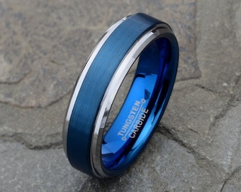 Blue Tungsten Ring Mens Wedding Band Brushed with Silver Gray Stepped Edges 6mm