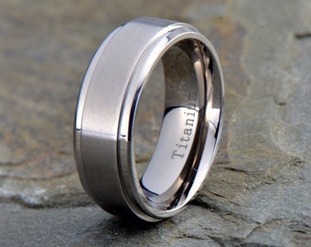 Titanium Wedding Rings, Mens Wedding Band, Brushed Polished stepped edge, Anniversary Ring, 8mm