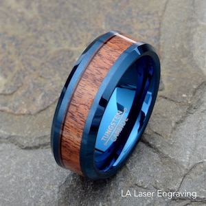 Wooden Ring, Mens Tungsten Wedding Ring, Wood inlay Mens Tungsten Ring, Blue Tungsten Wedding Band 8mm